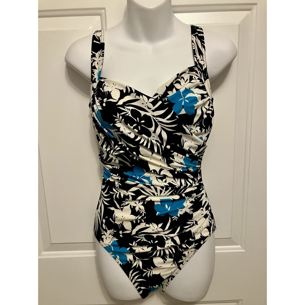 Miraclesuit Black White Floral One-Piece with Blue Accents